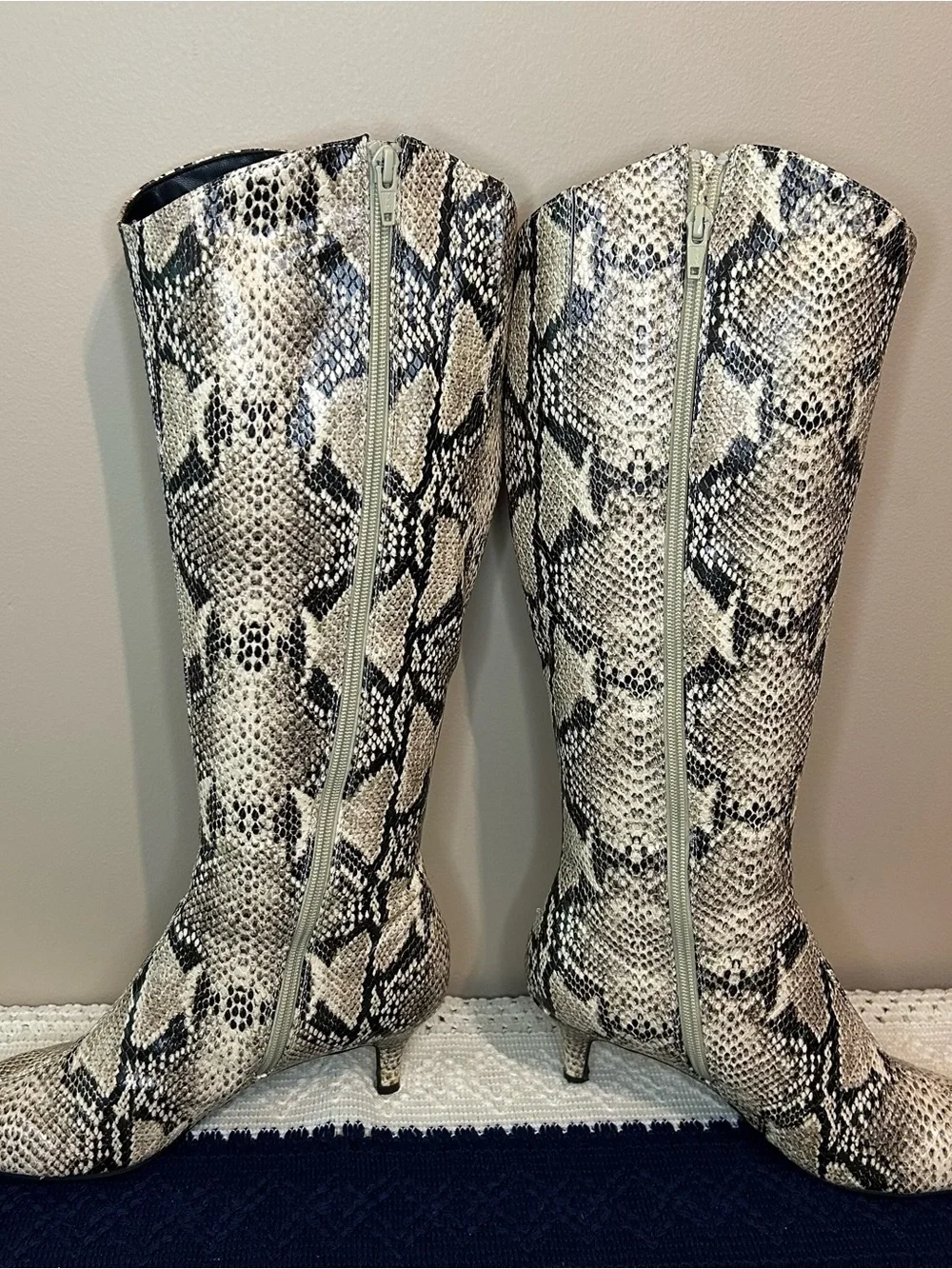 Andrew Geller Black and White Snake-Print Over-The-Knee Boots